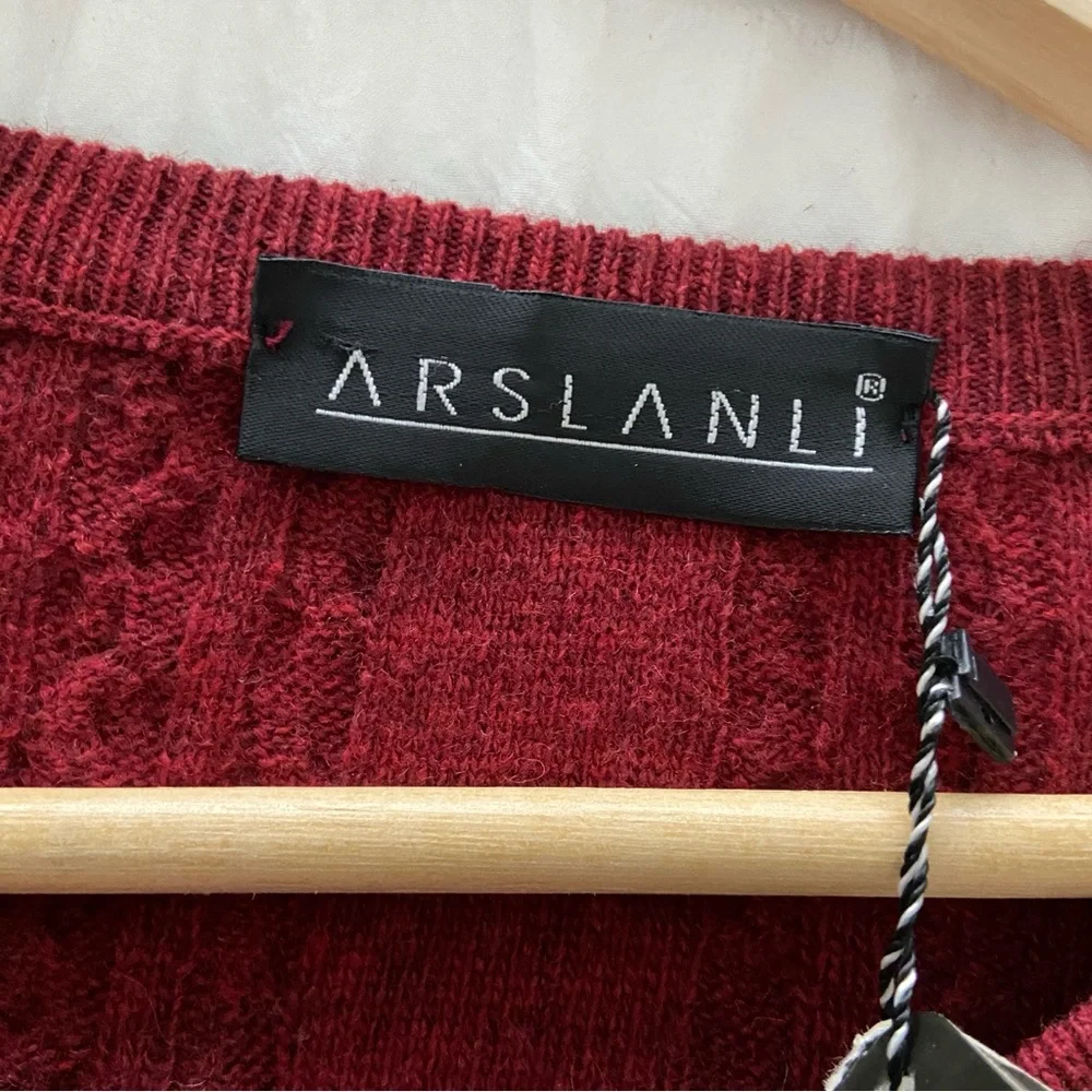 ARSLANLI DEEP RED/BURGUNDY V NECK CABLE KNIT WOOL BLEND SWEATER, LARGE - Picture 12 of 12